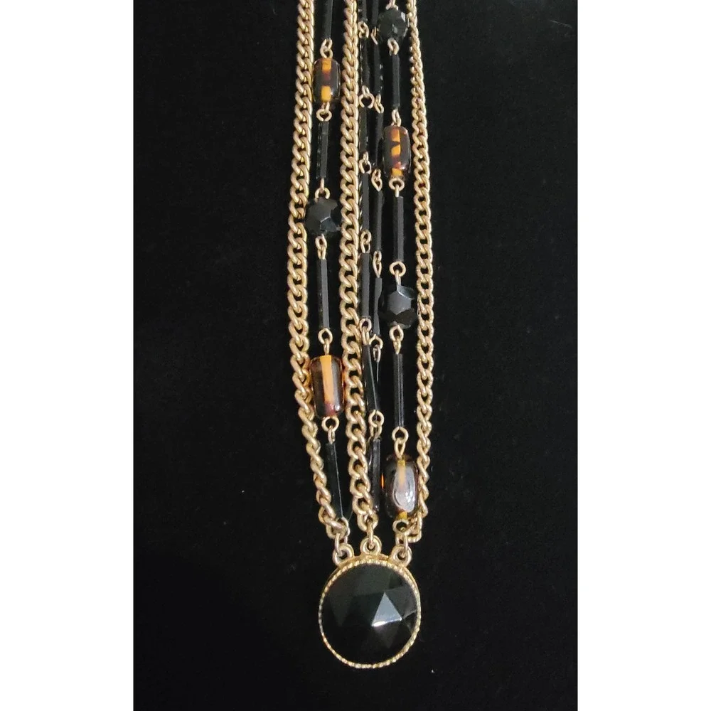 Vintage Multi Strand Gold Tone Beaded Statement Necklace Black Tortoise Shell